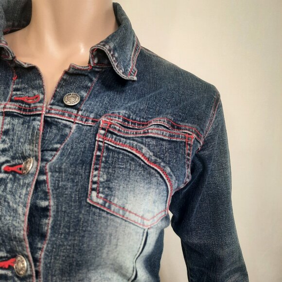 Vintage 90s Denim Shirt Jean Jacket Shacket Size 7 Western Stretch Fitted - Picture 4 of 8